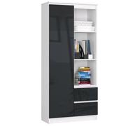 Bibliothèque de bureau AKORD R11 Blanche 80 cm 1 porte 2 tiroirs façade Graphite Brillant 7 étagères 80x35x180 cm