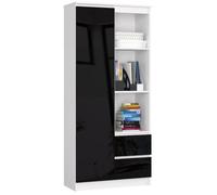 Bibliothèque de bureau AKORD R11 Blanche 80 cm 1 porte 2 tiroirs façade Noir Brillant 7 étagères 80x35x180 cm