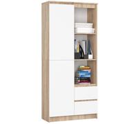 Bibliothèque de bureau AKORD R11 Chêne Sonoma 80 cm 1 porte 2 tiroirs façade Blanche 7 étagères 80x35x180 cm