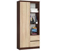 Bibliothèque de bureau AKORD R11 Wengé 80 cm 1 porte 2 tiroirs façade Chêne Sonoma 7 étagères 80x35x180 cm