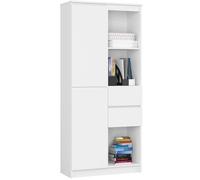 Bibliothèque de bureau AKORD R15 Blanche 80 cm 1 porte 2 tiroirs façade Blanche 7 étagères 80x35x180 cm