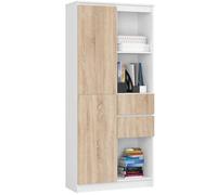 Bibliothèque de bureau AKORD R15 Blanche 80 cm 1 porte 2 tiroirs façade Chêne Sonoma 7 étagères 80x35x180 cm