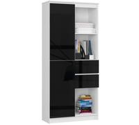 Bibliothèque de bureau AKORD R15 Blanche 80 cm 1 porte 2 tiroirs façade Noir Brillant 7 étagères 80x35x180 cm