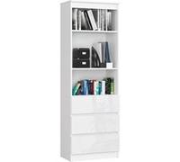 Bibliothèque de bureau AKORD R60 Blanche 60 cm 3 tiroirs façade Blanche Brillante 3 étagères 60x35x180 cm Blanc / Blanc Brillant G