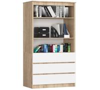 Bibliothèque de bureau AKORD R60 Chêne Sonoma 60 cm 3 tiroirs façade Blanche 3 étagères 60x35x180 cm