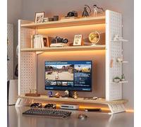 Bibliothèque De Bureau Avec Rehausseur, Étagère De Rangement En Bois Et Métal À 3 Niveaux Avec Étagère En Bois Réglable Et Plateaux Perforés, Organisateur D'étagère De Bureau Pour Dortoir(White,90*20*