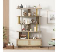Bibliothèque de Haute qualité avec Portes en rotin et Dispositif de sécurité - Étagères Ouvertes, Meuble de présentation Moderne, étagère échelle, Combinaison Bois/métal