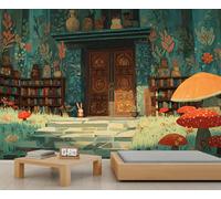 Bibliothèque de la Forêt & Muraille de Champignons, Décoration Littéraire Fantastique pour Chambre d'Enfant & Salon, Grand Papier Peint Amovible 100x100cm (Non autocollant)