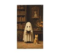 Bibliothèque de lecture fantôme mignon, drapeaux de maison de chat, bannière de vœux de saison avec œillets, décoration d'intérieur et d'extérieur