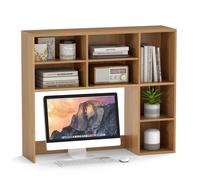 Bibliothèque de Table COSTWAY, 3 Étagères Réglables, Compartiment Ouvert pour Moniteurs jusqu'à 27"", Organisateur Comptoir, Naturel