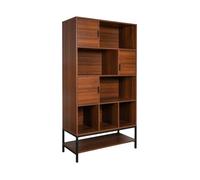 sweeek - Bibliothèque Style Vintage en décor Noyer et métal Noir avec 9 Compartiments (3 Portes et 5 étagères)