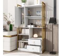 Bibliothèque Design-Armoire Contemporaine -Meuble de rangement-6 étagères,1 portes,2 troirs-100x30x173.5cm-Blanc+Doré