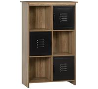 Bibliothèque design industriel - meuble de rangement 3 niches 3 casiers - panneaux particules aspect bois veinage portes métal noir