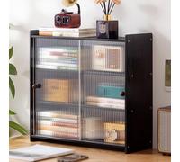 Bibliothèque échelle de bureau à 4 niveaux en bambou avec portes coulissantes - Bibliothèque à compartiments multiples pour décoration de bureau et de maison - Design à angle droit - Étagères ouvertes