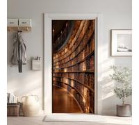 Bibliothèque Effet 3D Sticker Porte, Etagère Papier Autocollant Porte Mural Décoration 95x215 cm, Rétro Stickers Muraux Amovible PVC
