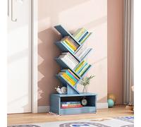 Bibliothèque élégante à 8 couches avec design double renforcé, gain de place, coin en forme de T, vitrine moderne pour la maison et le bureau (bleu)