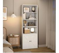 Bibliothèque en bois - LUNSY - 60x30x181 cm - Blanc - 4 étagères ouvertes - Placard fermé - Style industriel