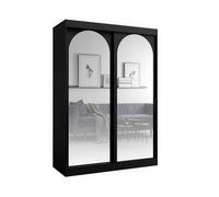 Bibliothèque en bois noir - OTITEC - 215x150x65 cm - Noir - Prêt à monter - Portes coulissantes - Miroirs intégrés