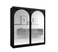 Bibliothèque en bois noir - OTITEC - 215x200x65 cm - Noir - Prêt à monter - Portes coulissantes - Miroirs intégrés
