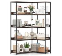 Bibliothèque en L 180cm à 5 Niveaux COSTWAY, Cadre en Métal, Kits Anti-basculement, Étagère d'Angle pour Salon Bureau,Brun Rustique