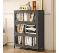 Bibliothèque en métal avec porte transparente - Armoire de rangement autoportante pour salon, bureau et maison - Rectangulaire - Pieds droits (gris)