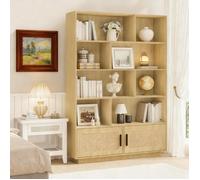 Bibliothèque Étagère, Colonne avec 8 Rangement ouvertes et 2 portes, Meuble de Rangement Multifonctionnel, 110x30x160 cm, bois clair