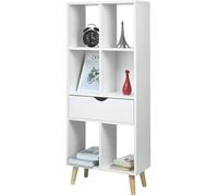 EUGAD Bibliothèque à 4 Niveaux, Étagère de Rangement avec 6 Compartiments et 1 Tiroir pour Salon, Cuisine, Bureau, en Panneaux de Bois Composé, Blanc, 50x24x120 cm