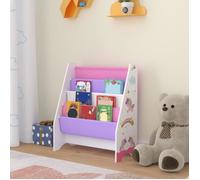 [en.casa] Bibliothèque pour Enfant à 4 Compartiments Étagère de Rangement Livres Cahiers à Motif Licornes Panneau de Particules Textile Non Tissé Métal 74 x 62 x 29 cm Blanc Violet Rose