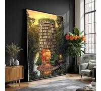 Bibliothèque flottante, toile pour coin lecture cosy, art mural surréaliste sur la nature, décoration pour amoureux des livres, affiche peinture aux lueurs du coucher de soleil (60x80cm/sans cadre)