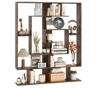 Bibliothèque Géométrique à 7 Niveaux COSTWAY, 2 Kits Anti-Basculement, Organisateur de Rangement d'Affichage, Marron Rustique