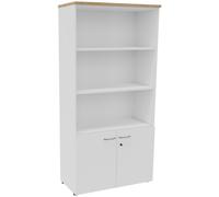 Bibliothèque haute 2 portes basses L.100 x P.48 x H.203 cm - Corps Blanc - Top Chêne Nebraska