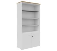 Bibliothèque haute 2 portes basses L.100 x P.48 x H.203 cm - Corps Blanc - Top Chêne Nebraska