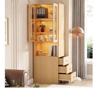 Bibliothèque Haute 200 cm avec Armoire vitrée en Verre LED et 3 Tiroirs Latéraux - Colonne de Rangement Effet Chêne