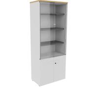 Bibliothèque haute 4 portes dont 2 vitrées L.80 x P.48 x H.201 cm - Corps Blanc - Top Hêtre