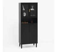 Bibliothèque haute avec porte en verre trempé et plateau réglable, 4 portes, armoire en MDF laqué, noir, rangement pour le salon