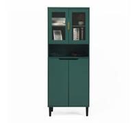 Bibliothèque haute avec porte en verre trempé et plateau réglable, 4 portes, armoire en MDF laqué, vert, rangement pour le salon