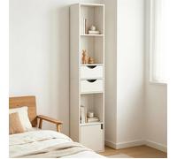 Bibliothèque Haute - Étroite Gain de Place 3 Niches 2 Tiroirs 1 Porte Colonne Rangement Bureau - Blanc