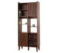 Bibliothèque HWC-M48, bibliothèque haute, porte coulissante 8 compartiments de rangement MDF 178x75x35cm ~ aspect noyer