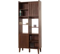 Bibliothèque HWC-M48, bibliothèque haute, porte coulissante 8 compartiments de rangement MDF 178x75x35cm ~ aspect noyer