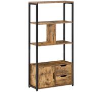 Bibliothèque industrielle 3 étagères porte 2 tiroirs acier noir bois