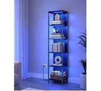 Bibliothèque LED à 6 Niveaux, Lumière Réglable, Cadre en Acier, 30,3 x 40 x 178,6 cm, pour Salon, Chambre, Bureau, Noir Boisé