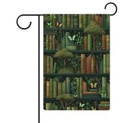 Bibliothèque magique verte et marron, drapeau de jardin, vacances saisonnières, toile de jute double face, drapeaux extérieurs de maison, cour, 30,5 x 45,7 cm