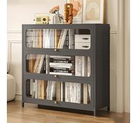 Bibliothèque moderne autoportante en métal avec porte transparente et pieds droits pour cuisine, garde-manger, salon, bureau ou maison, vitrine grise