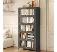 Bibliothèque moderne en métal avec portes transparentes et pieds droits, meuble de rangement autonome pour cuisine, garde-manger, salon ou bureau à domicile, vitrine grise