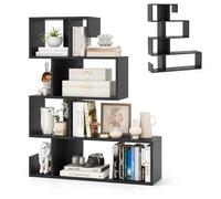 Bibliothèque ouverte à 5 niveaux en forme de S avec protection contre l'inclinaison, séparateur de pièce en bois pour salon et bureau, design moderne, 80 x 22 x 100 cm (noir)