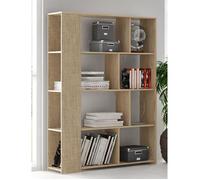 Bibliothèque PEGANE - Meuble étagère 8 niches - Chêne cambrian/effet textile - L129 x P32.8 x H174 cm