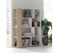 Bibliothèque PEGANE - Meuble étagère contemporain - Chêne cambrian/blanc - 8 étagères - 129x32.8x174 cm