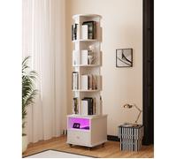 Bibliothèque pivotante à 4 niveaux-Étagère mobiles avec roues-Avec 1 tiroir et compartiment ouvert-Bande LED Bluetooth-160CM-Blanc