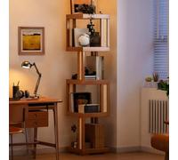 Bibliothèque Pivotante étroite à 3/4/5 Niveaux avec Panneaux Latéraux en Rotin, Etagere d'angle sur Pied, Etagere Rangement Ouverte pour Chambre, Bureau, Salon