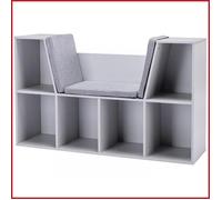 Bibliothèque pour enfants avec banc - HOMCOM - 6 compartiments + 3 coussins - Gris 103x30x62 cm